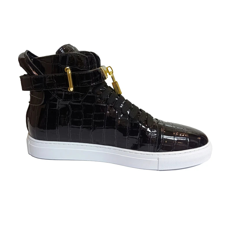 High Top Sneakers – Gold Buckle – Crocodile Pattern Leather | KIMLUD
