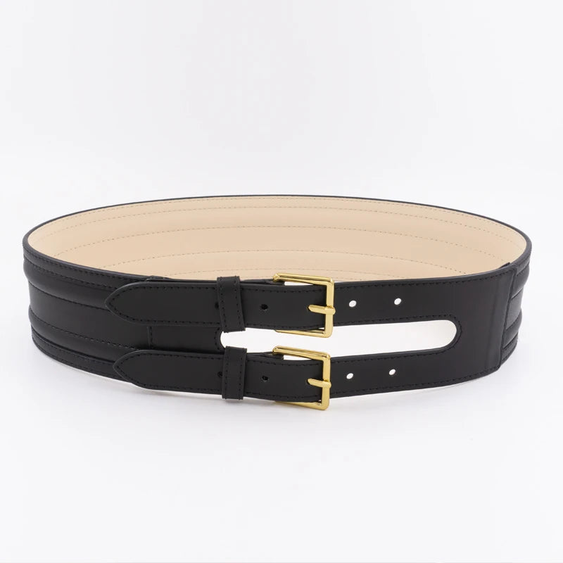 Light gold double needle buckle  wide waist seal leather women's wide belt suit coat decoration Waist Wide Belt