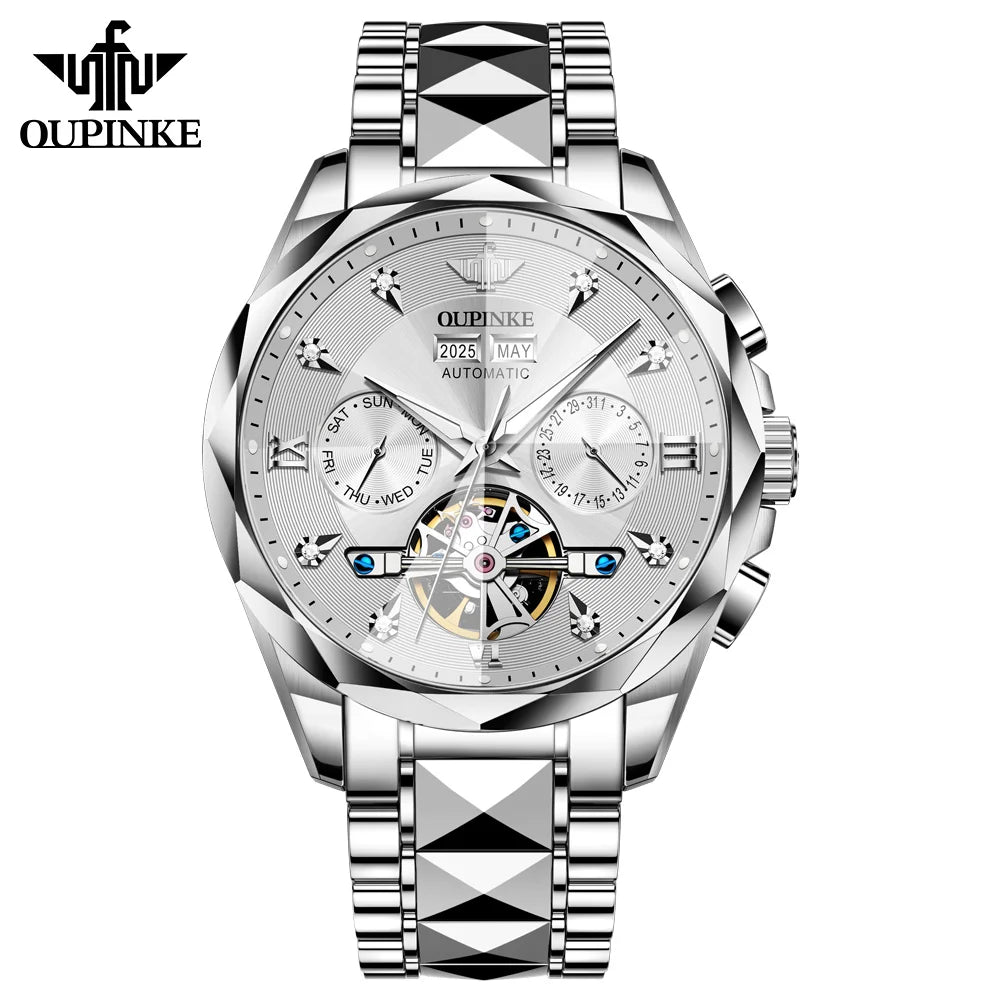 Oupinke 3316 Oem logo Hollow Design Business Tourbillon Waterproof Stainless Steel Luminous  Automatic Mechanical Watch for Man
