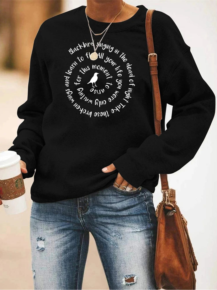 Women Crewneck Sweatshirt - Letter Print - Cotton Polyester - Black | KIMLUD