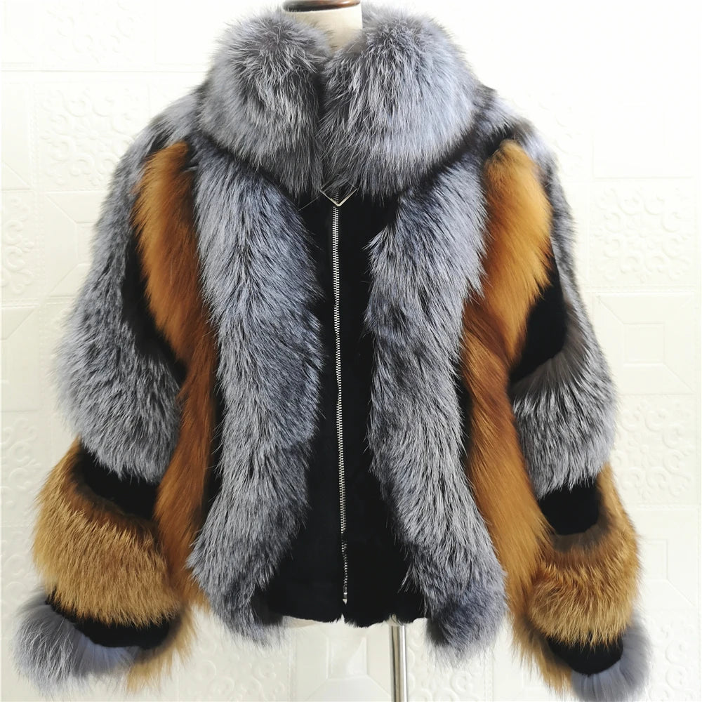 Real Fox Fur Jacket Women Luxury Genuine Silver Fox Short Coat Full Sleeves Winter Natural Plush Red Fox Fur Coat Female, MULTI / S, KIMLUD, by KIMLUD Women's Clothes