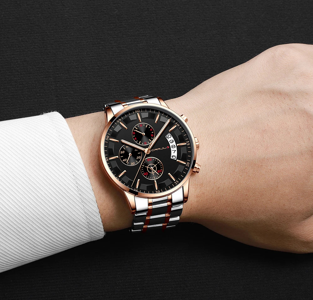CRRJU 2261 Hot Sell Chinese Gents Quartz Watch clear Steel Strap Luminous Chronometer Calender Outdoor Hand Watch