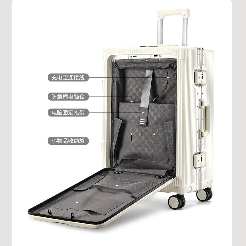 Aluminium Front Opening Luggage Case With Multifunction Password Lock And Cup Holder — Cool Silver | KIMLUD