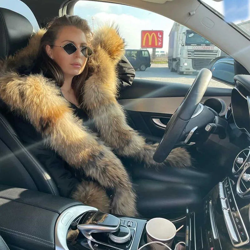 MAOMAOKONG 2024 Winter Women Coat Natural Fox Fur Collar Cuff Black Jackets Outwear Thick Luxury Real Fur Parka Women's Fur Coat
