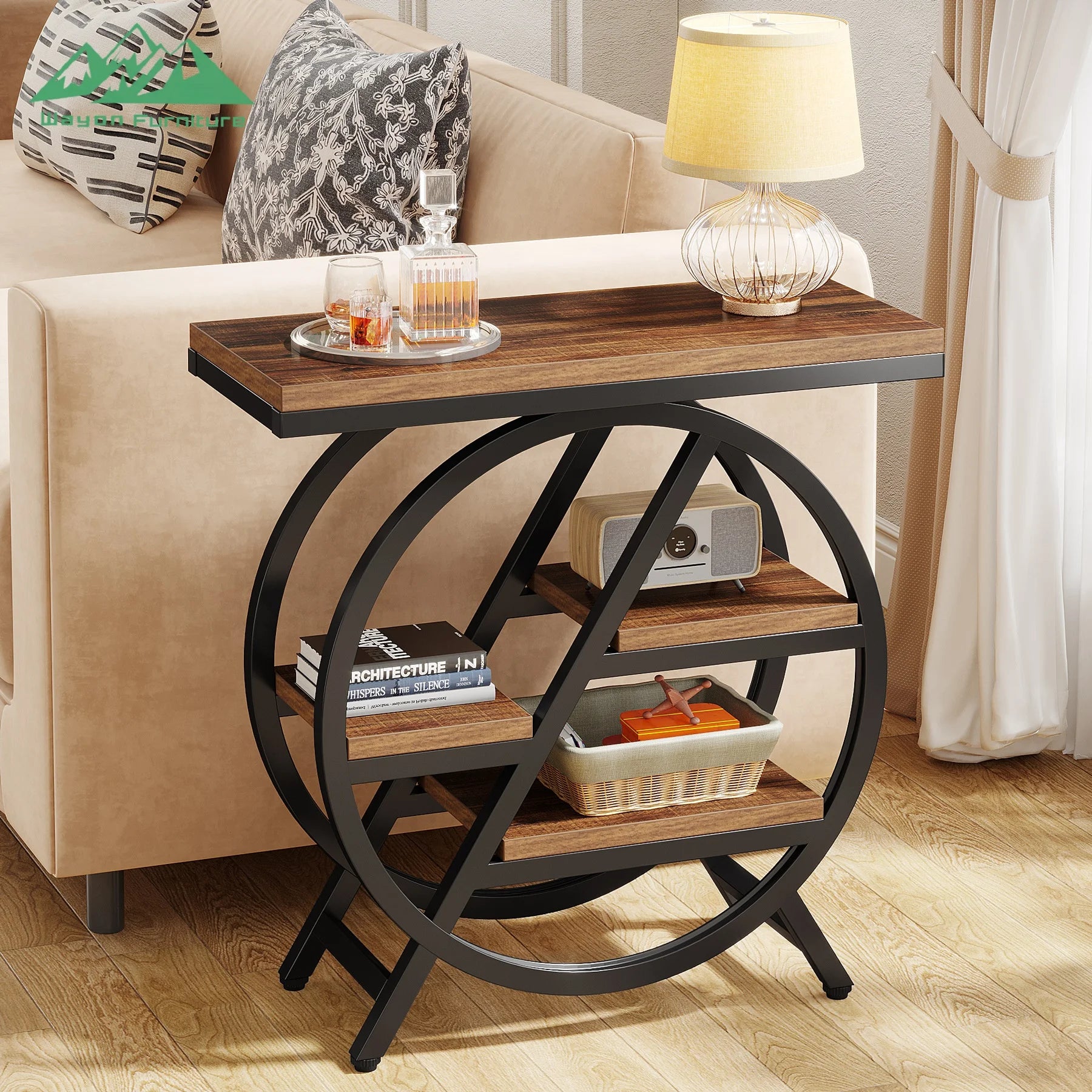 Solid Wood And Metal Console Table Two-Tier With Gold Arches — White | KIMLUD