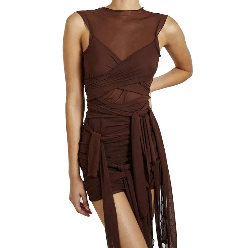 Ribbon-Wrapped Dress Draped See-Through Mesh Bandage Short High-Waist — Brown | KIMLUD