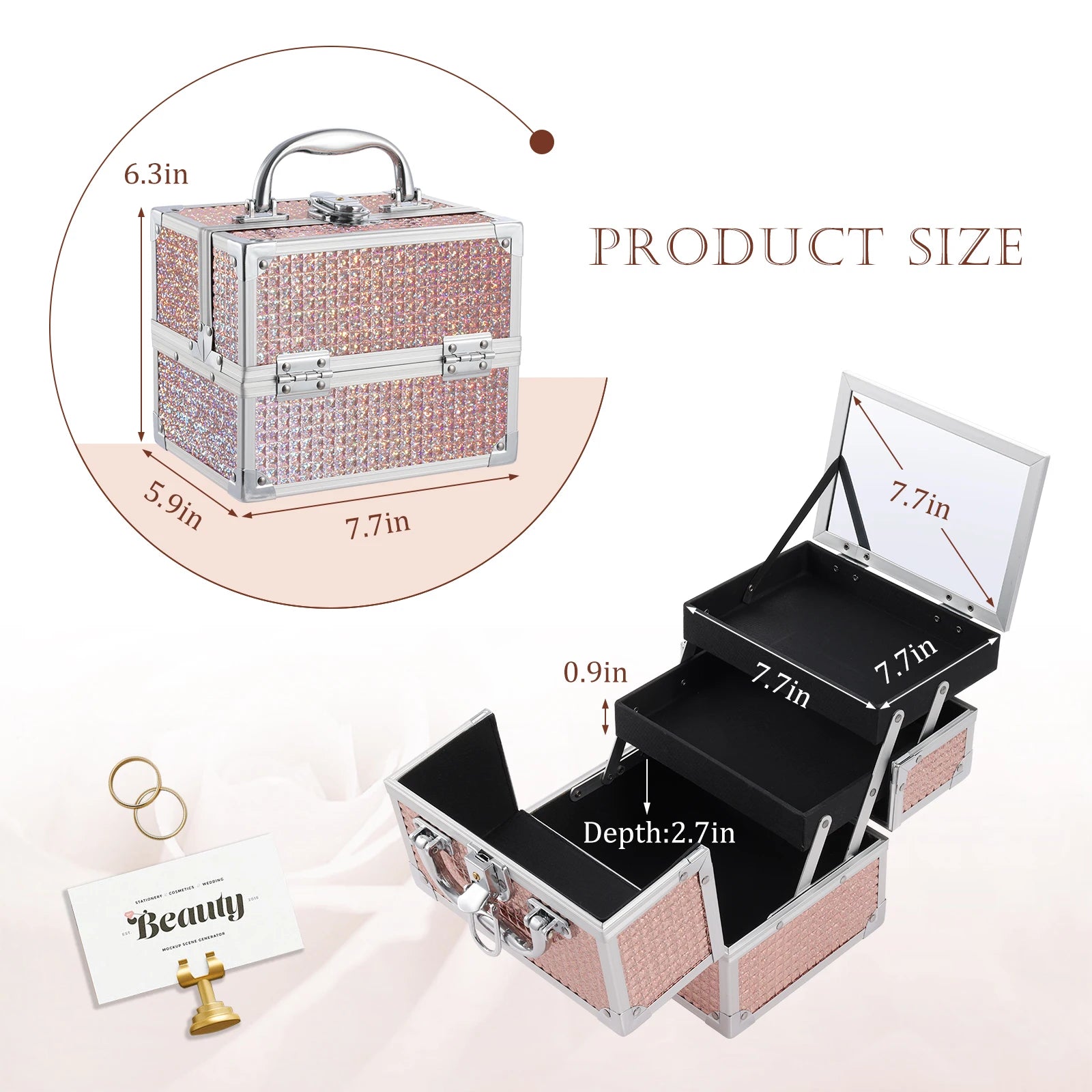Fashionable Girls Cosmetic Case with Mirror for Artist 2 Trays Lockable Aluminum Makeup Train Case Travel Beauty Storage Case