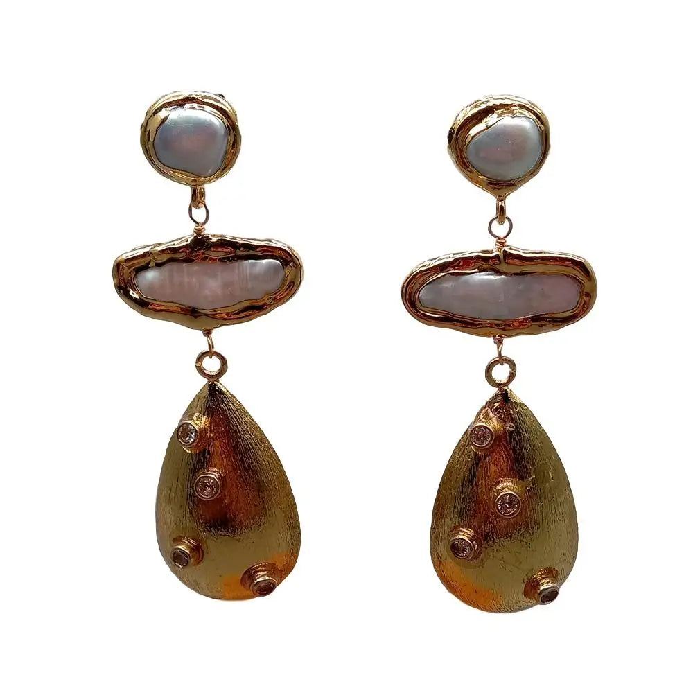 KKGEM natural Cultured 12x28mm White Biwa Pearl Teardrop  23x36mm Brushed Bead  Cz Pave Stud Earrings