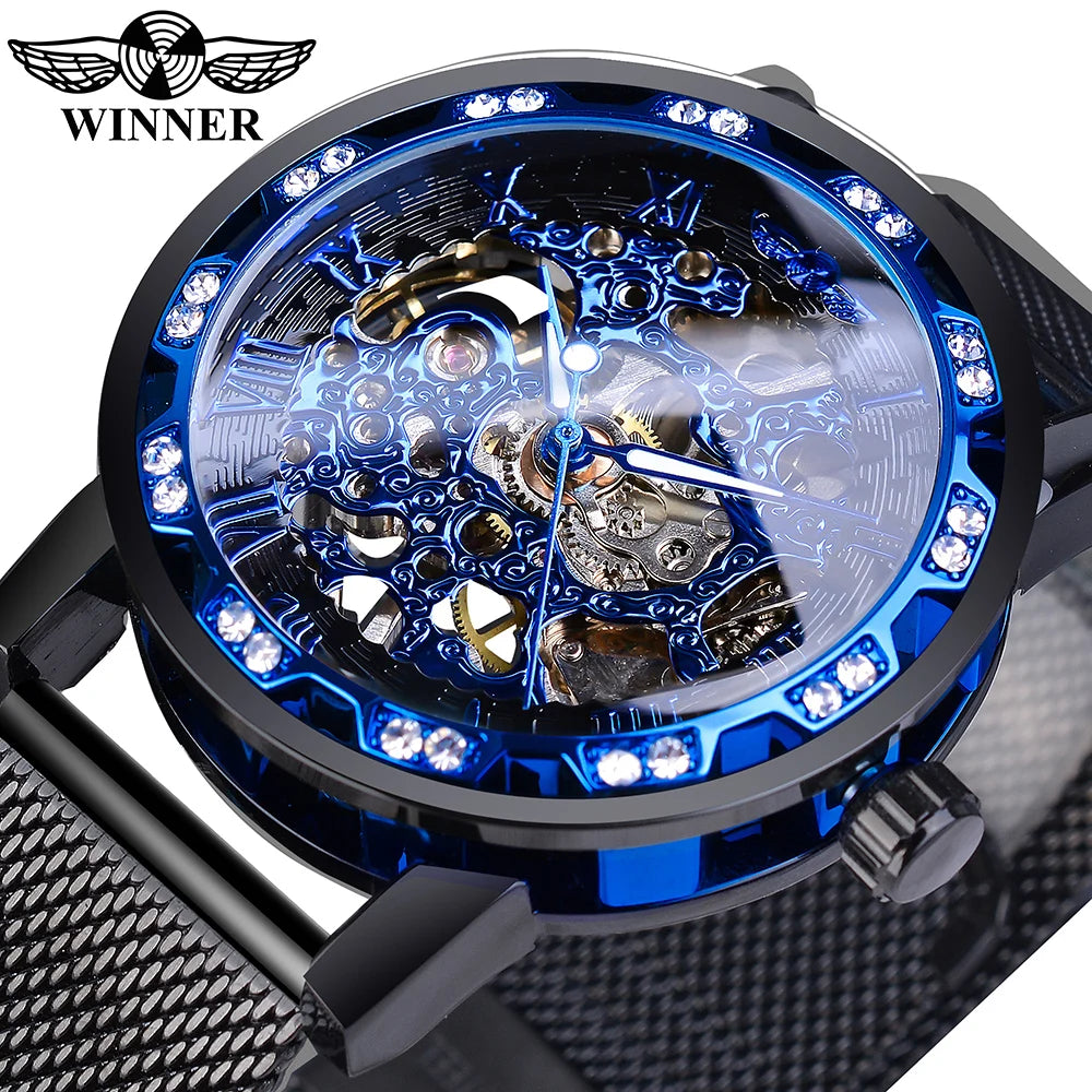Winner Golden Watches Men Skeleton Mechanical Watch Crystal Mesh Slim Stainless Steel Band Top Brand Luxury Hand Wind Wristwatch