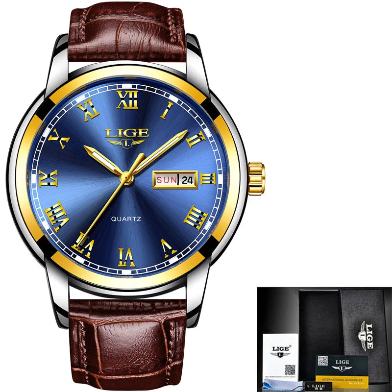 2025 New Mens Watches LIGE Top Brand Leather Chronograph Waterproof Sport Automatic Date Quartz Watch For Men Relogio Masculino