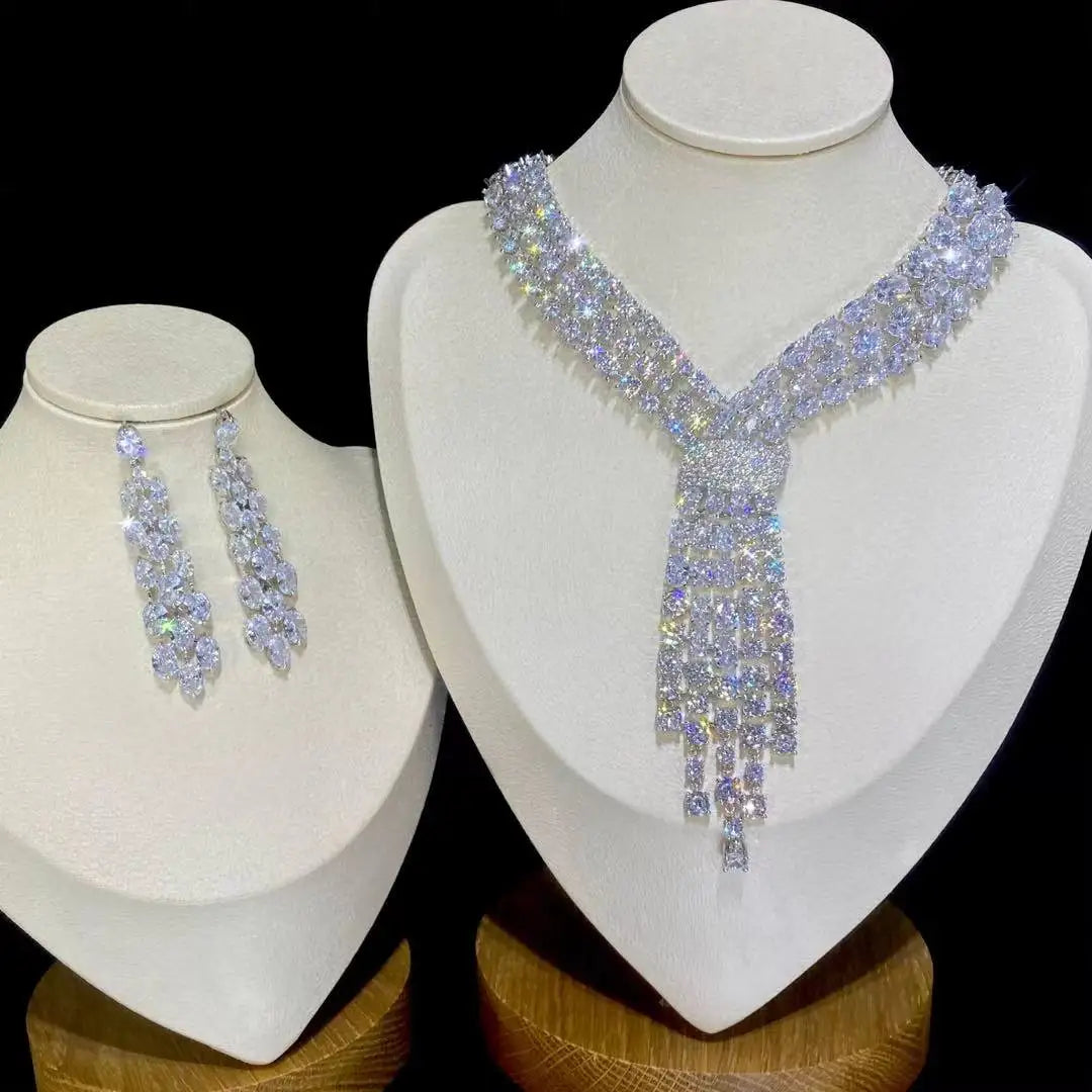 ASNORA - Luxury Blue 2 Piece Tassel Necklace Cubic Zircon Jewelry Set Women Wedding European Party Jewelry Set X0140