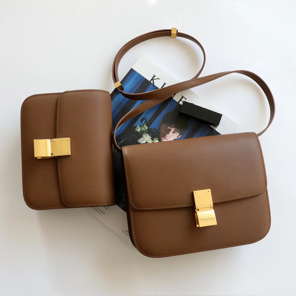 Split Leather Shoulder Bag Single Flap Lock — Black | KIMLUD