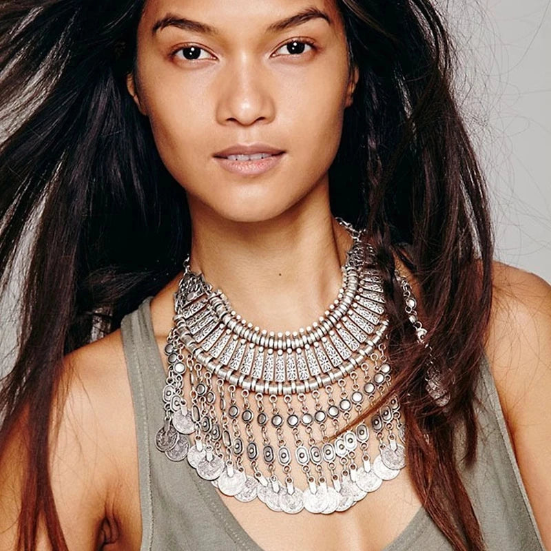 Choker Necklace – Multilayer Coin Collar – Rhinestone Tin Alloy | KIMLUD