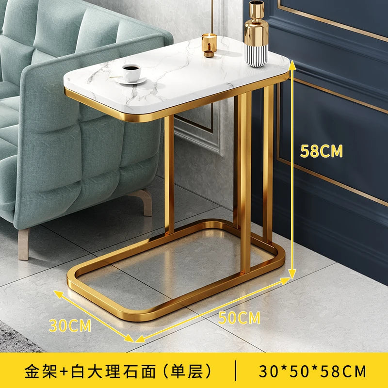 Marble-Inspired Side Table Gold Framework — White | KIMLUD