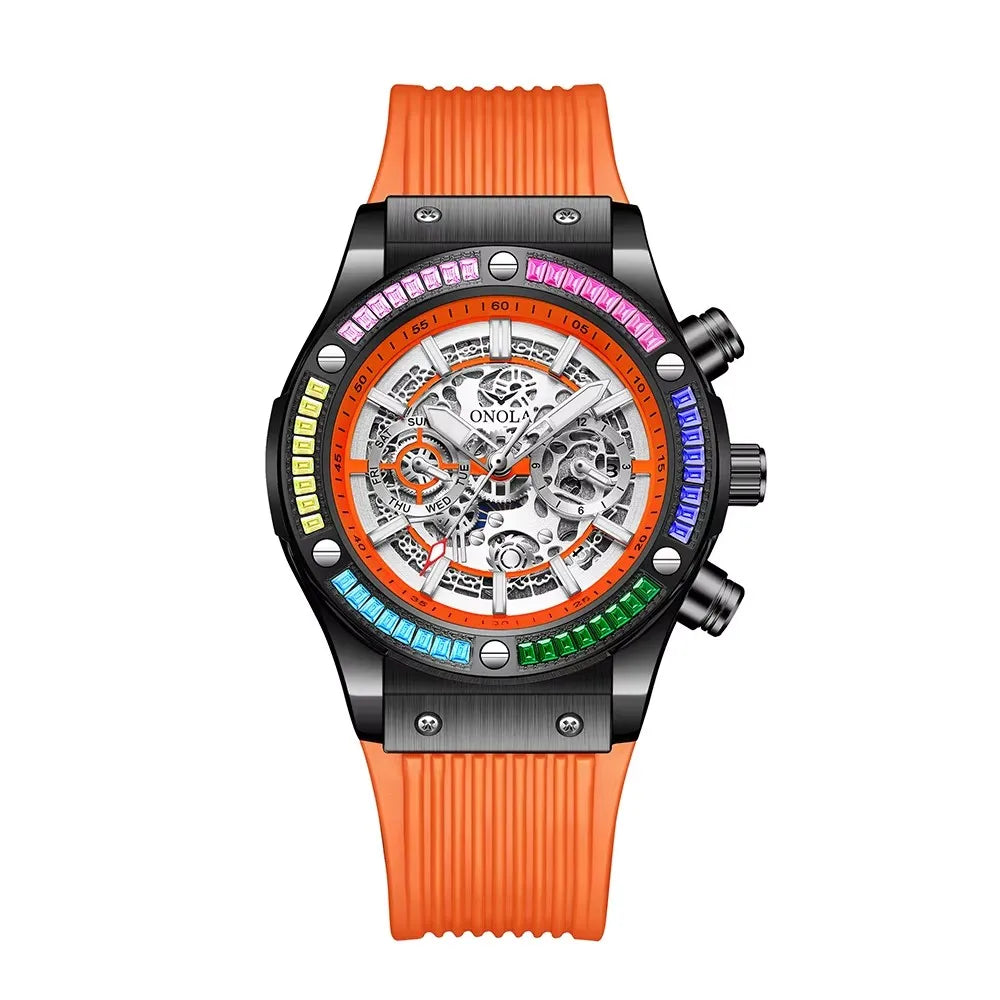 Silicone Luminous Sport Watch Mechanical Movement Chronograph Day Date — Bright Orange | KIMLUD