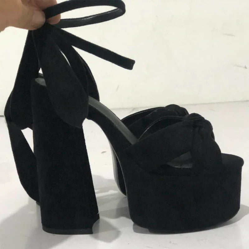 Microfiber Platform High Heel Sandals With Bow — Red | KIMLUD