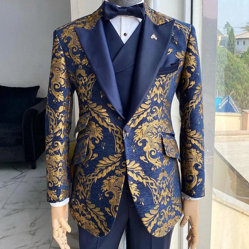 Jacquard Floral Tuxedo Suit Gold Florals — Navy Blue | KIMLUD
