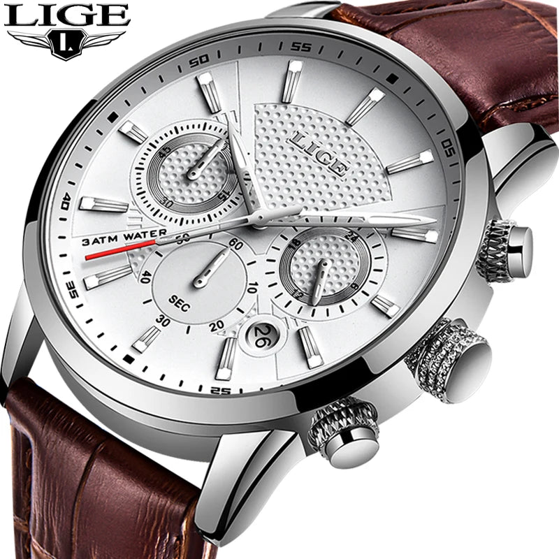 2025 New Mens Watches LIGE Top Brand Leather Chronograph Waterproof Sport Automatic Date Quartz Watch For Men Relogio Masculino