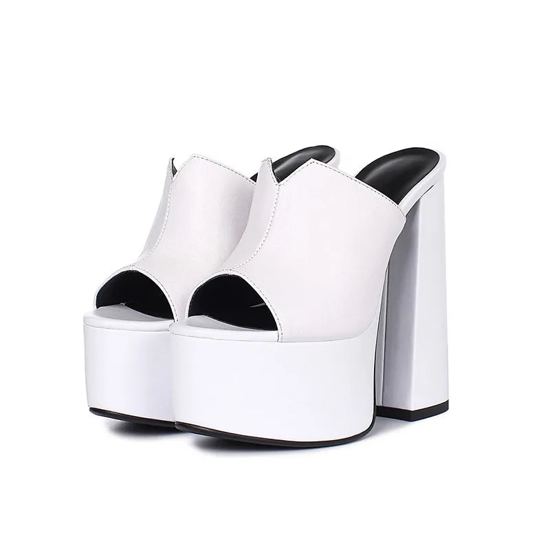 Genuine Leather Sandals Platform 8cm Heel — Black | KIMLUD