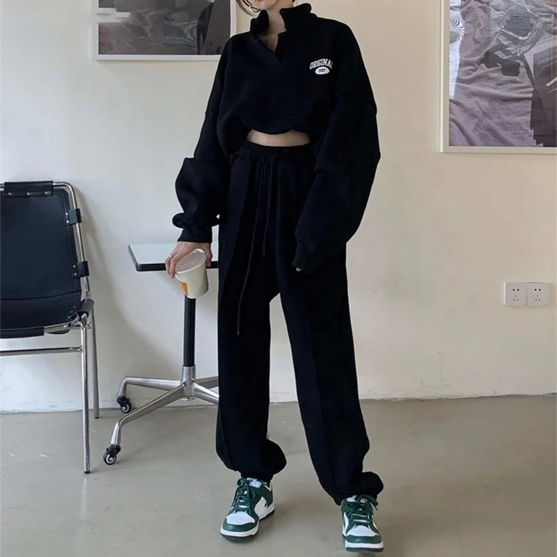 2023 Women Sweatshirt Suit Oversized Sets Female Stand Collar Loose Sweatshirt + Long Pants Suits Short Sets