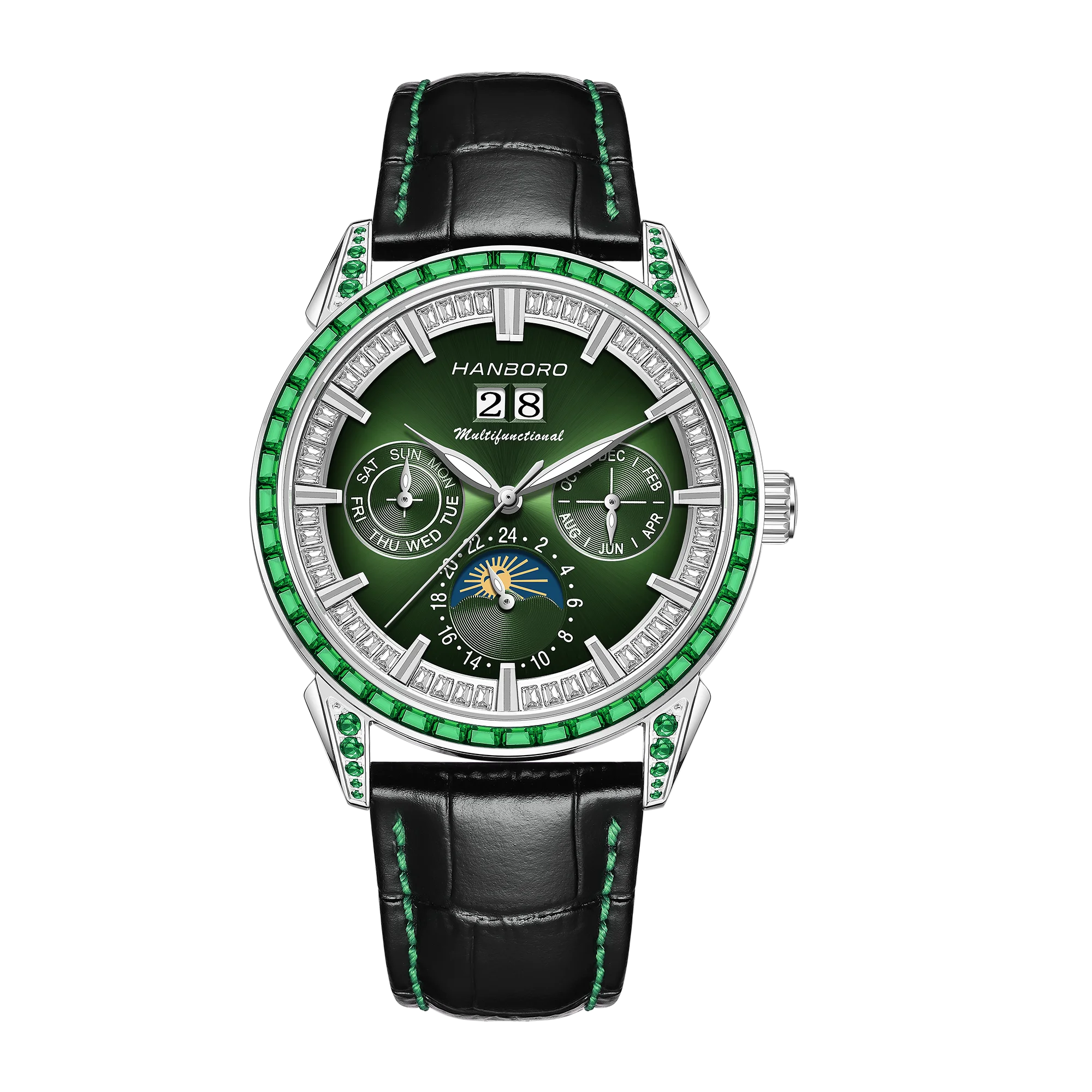 HANBORO Men's Luxury Automatic Mechanical Sports Watch Hollow Pointer Full Diamonds Calendar Luminous Stainless Steel