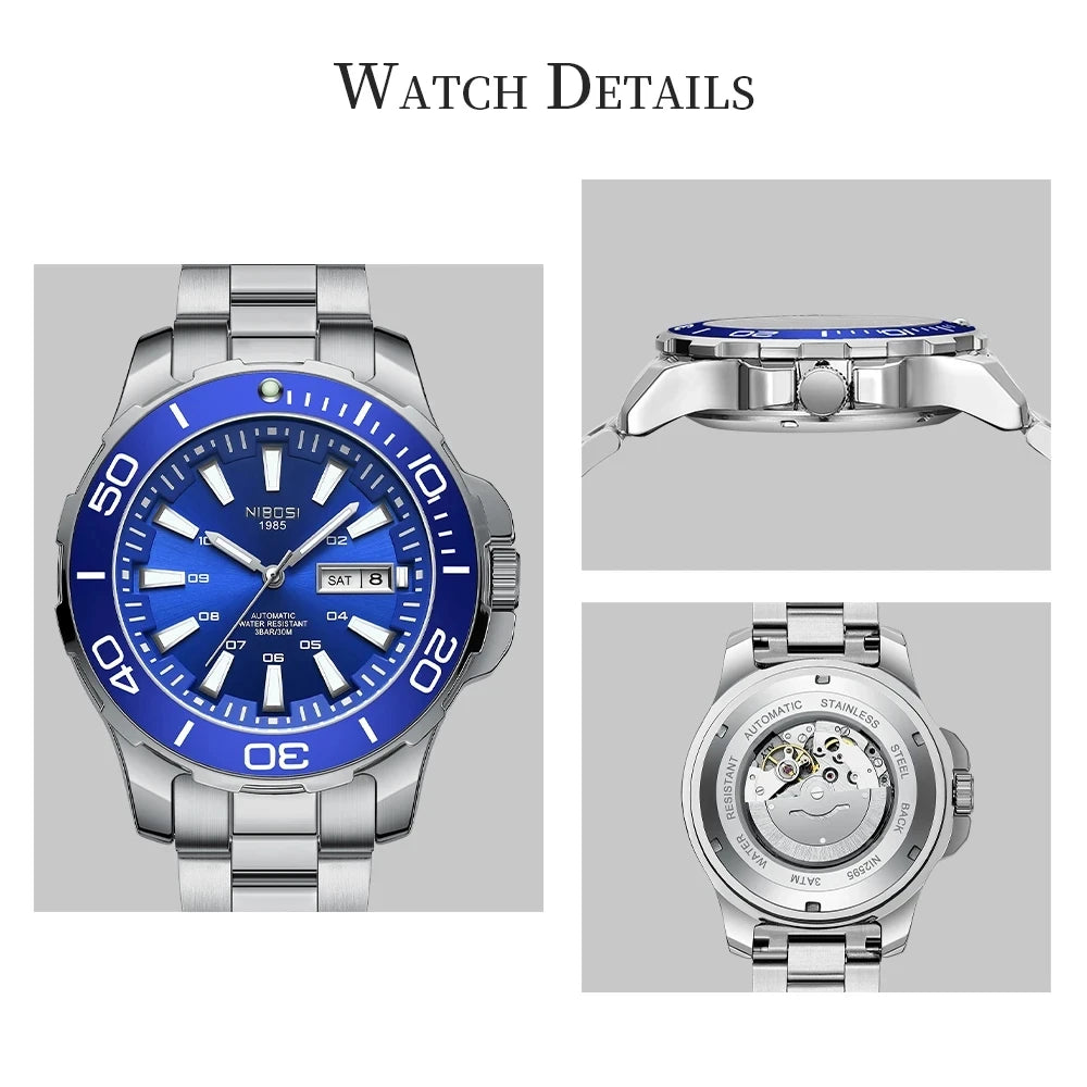 NIBOSI Automatic Men Watch Mechanical Waterproof Date Week Watches Men's Sports Wristwatch Man Stainless Steel Relogio Masculino