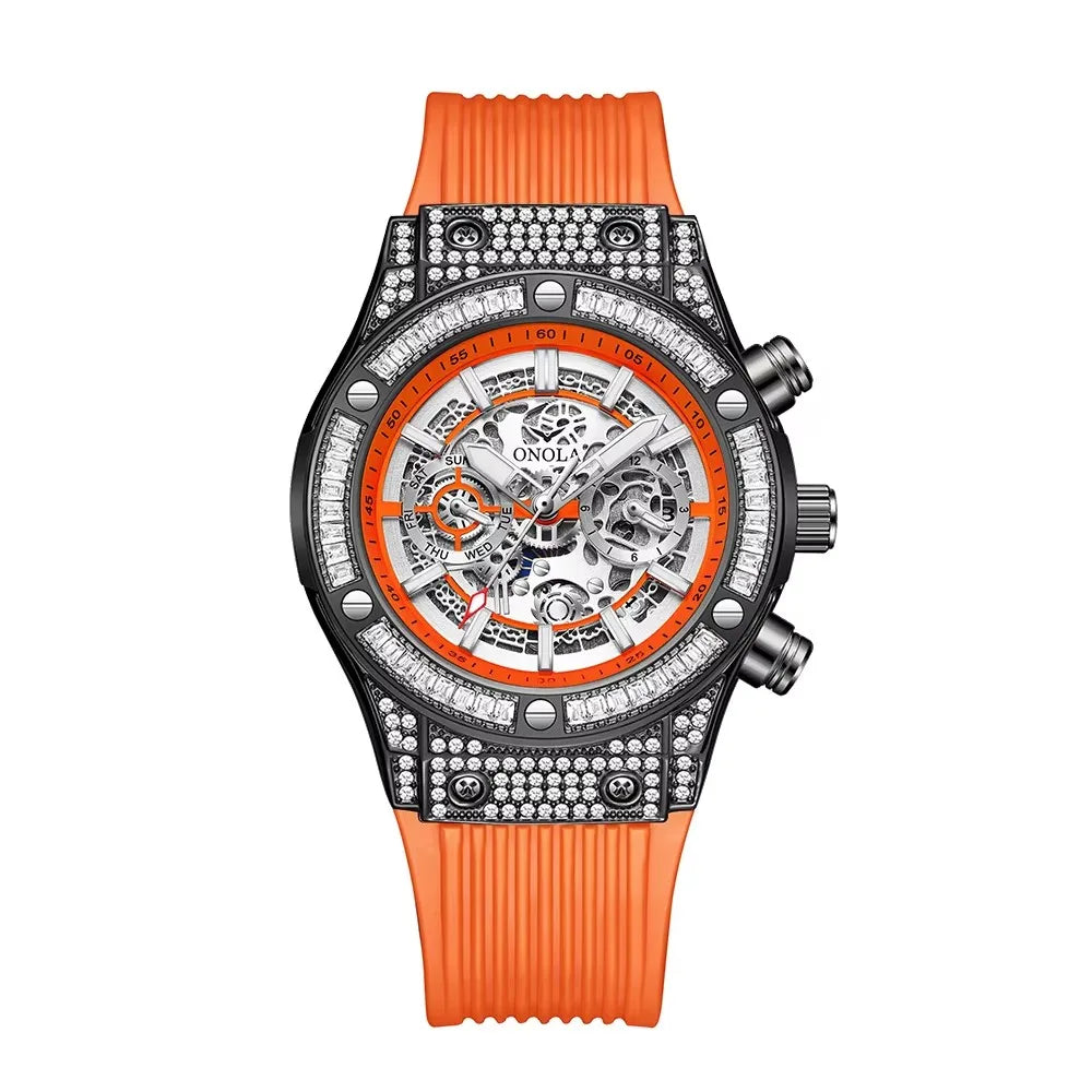 Diamond Dial Silicone Strap Automatic Watch — Black | KIMLUD
