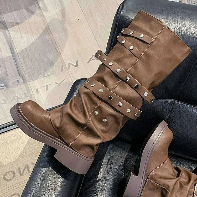 2024-new-winter-denim-boots-womens-retro-brown-belt-buckle-round-head-high-boots-knee-length-bootskimlud-womens-fashion-34622142