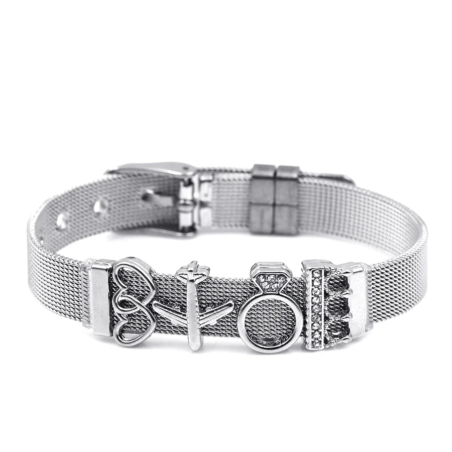 DINGLLY Two-tone Stainless Steel Mesh Bracelets For Women Men Love Heart Beaded 10mm Ribbon Mesh Bracelet & Bangle Gifts