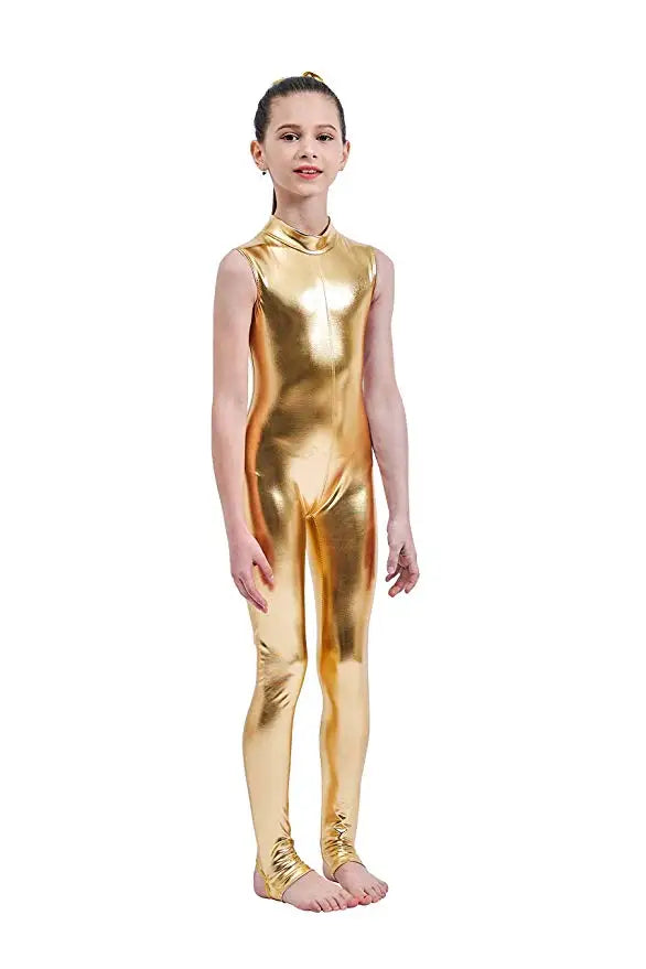Kids Dance Unitard – Mock Neck – Shiny Metallic Fabric – Metallic | KIMLUD