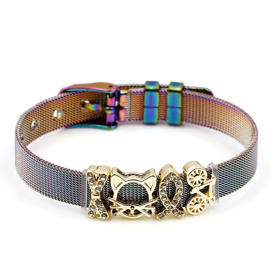 DINGLLY Two-tone Stainless Steel Mesh Bracelets For Women Men Love Heart Beaded 10mm Ribbon Mesh Bracelet & Bangle Gifts
