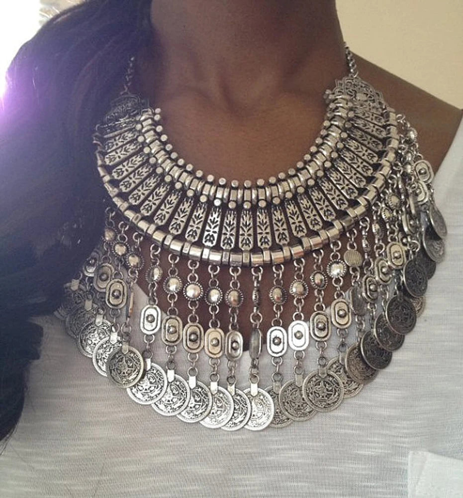 Afghan Bohemian Jewelry Set – Coin Tassel Necklace Earrings – Gold & Silver | KIMLUD