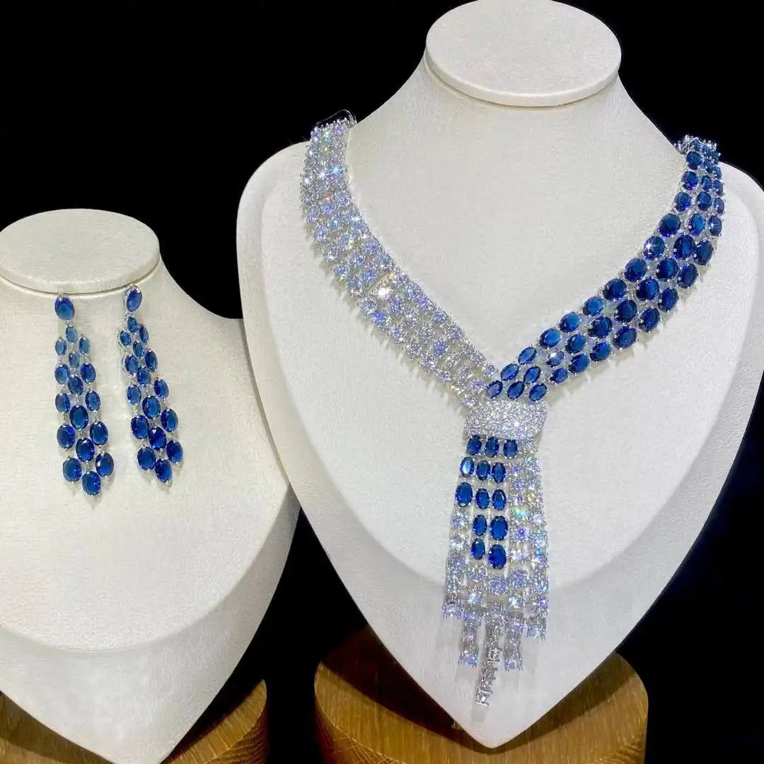 ASNORA - Luxury Blue 2 Piece Tassel Necklace Cubic Zircon Jewelry Set Women Wedding European Party Jewelry Set X0140
