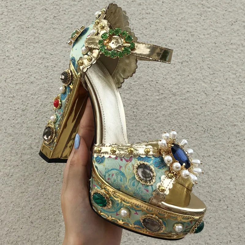 Gladiator Crystal-Embroidered Platform Sandals — Gold | KIMLUD