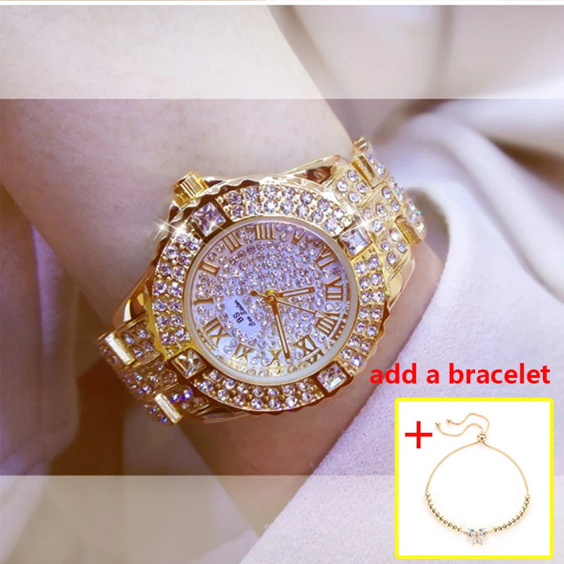 Stainless Steel Diamond Rhinestone Watch — Gold | KIMLUD