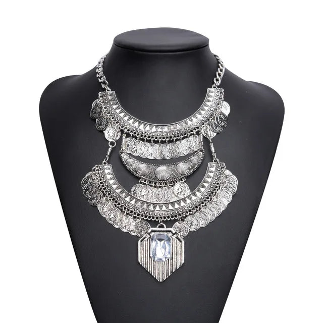 Boho Long Maxi Coin Necklace Women Vintage Ethnic Statement Big Collar Tassel Choker Necklace Femme Silvery Gypsy Jewellery