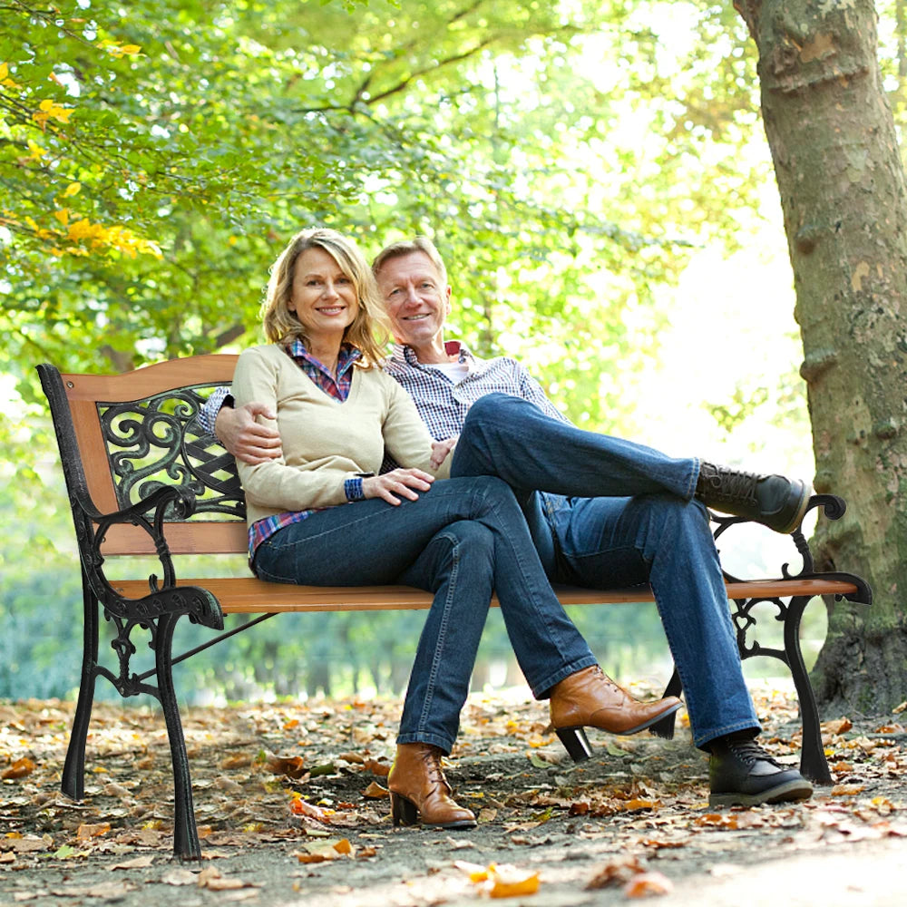 Modern 49" Outdoor Patio Park Garden Bench Furniture with Hardwood Slats and Cast Iron Frame