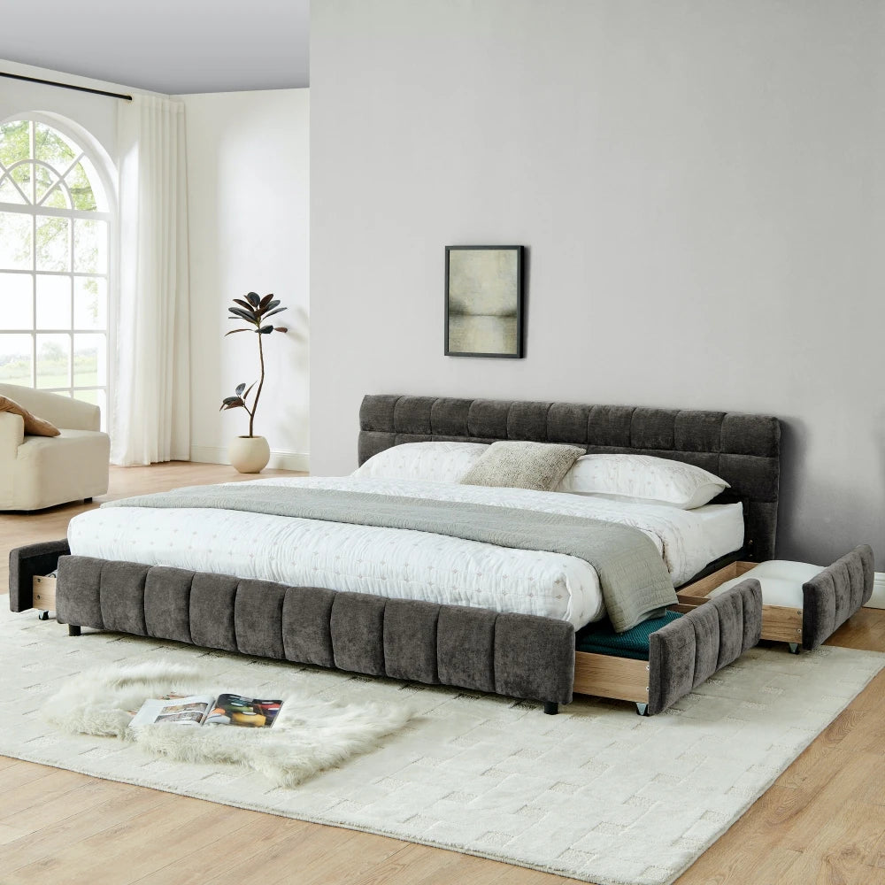 Chenille Upholstered Bed Frame King Size — Deep Charcoal Gray | KIMLUD