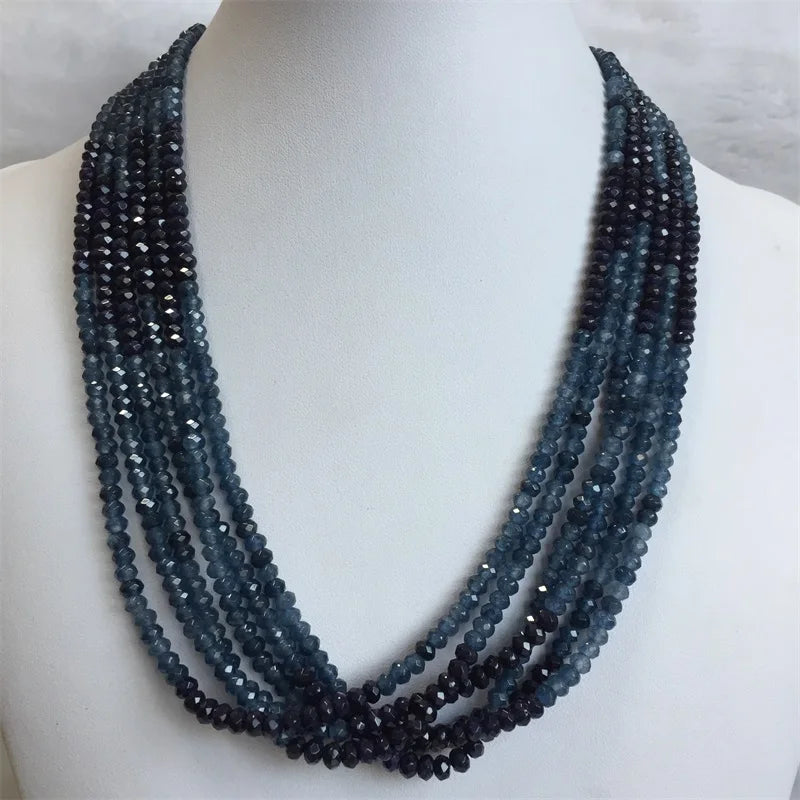 Double Blue Sapphire Chain Necklace for Women Natural Faceted Jade Stone Beads Choker Collares 3*4mm Abacus Gift Jewelry