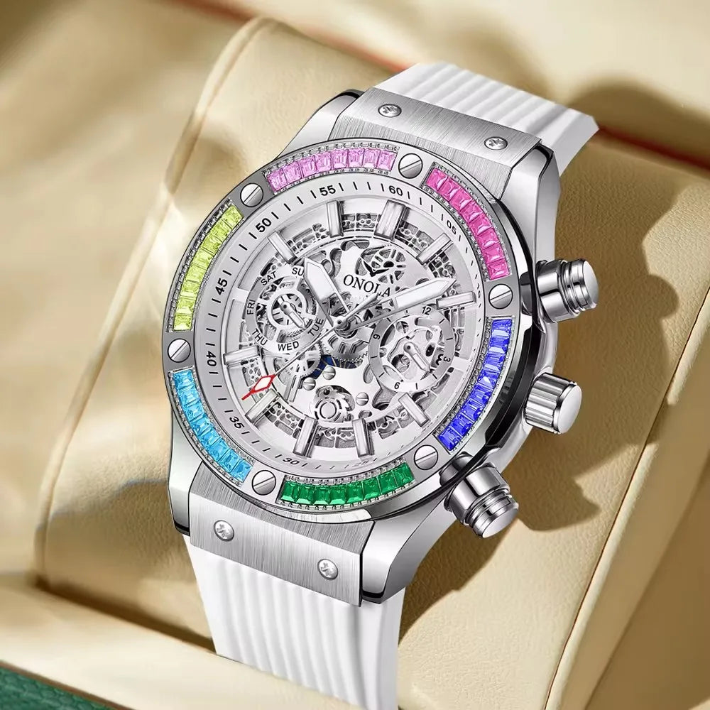Silicone Luminous Sport Watch Mechanical Movement Chronograph Day Date — Bright Orange | KIMLUD