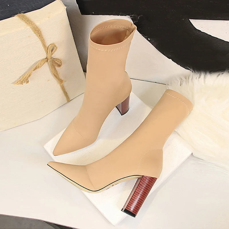Ankle Boots – Stretch Sock Boot – 8cm Square Heel – Women | KIMLUD