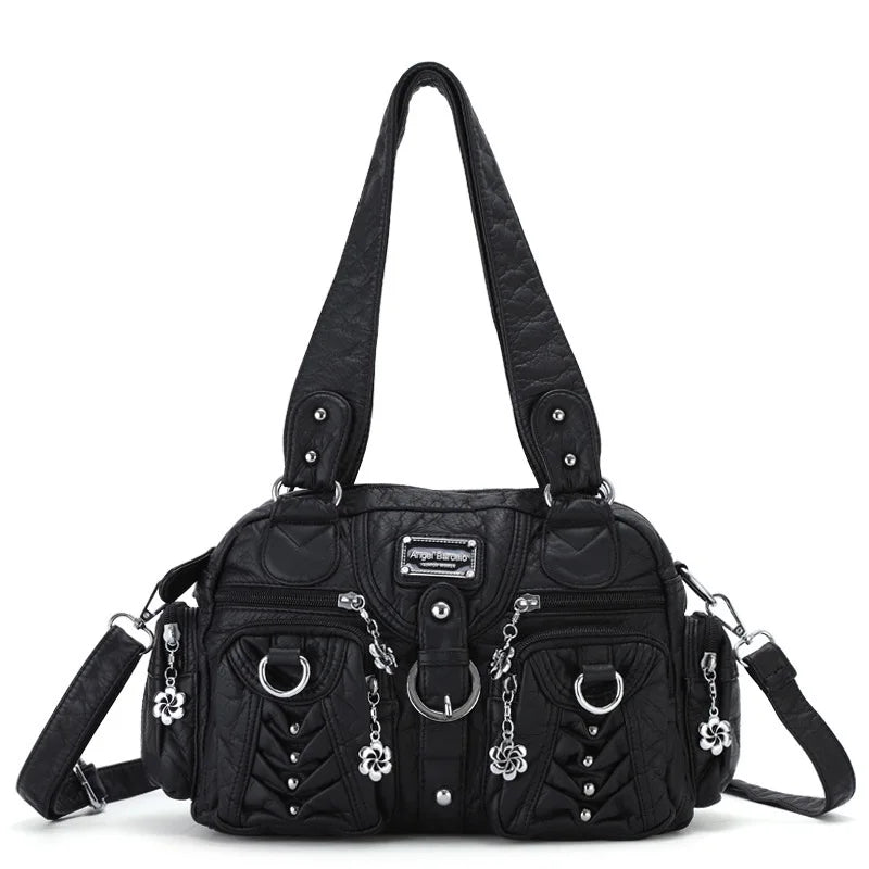 PU Satchel Top-Handle Dumpling Bag — Black | KIMLUD