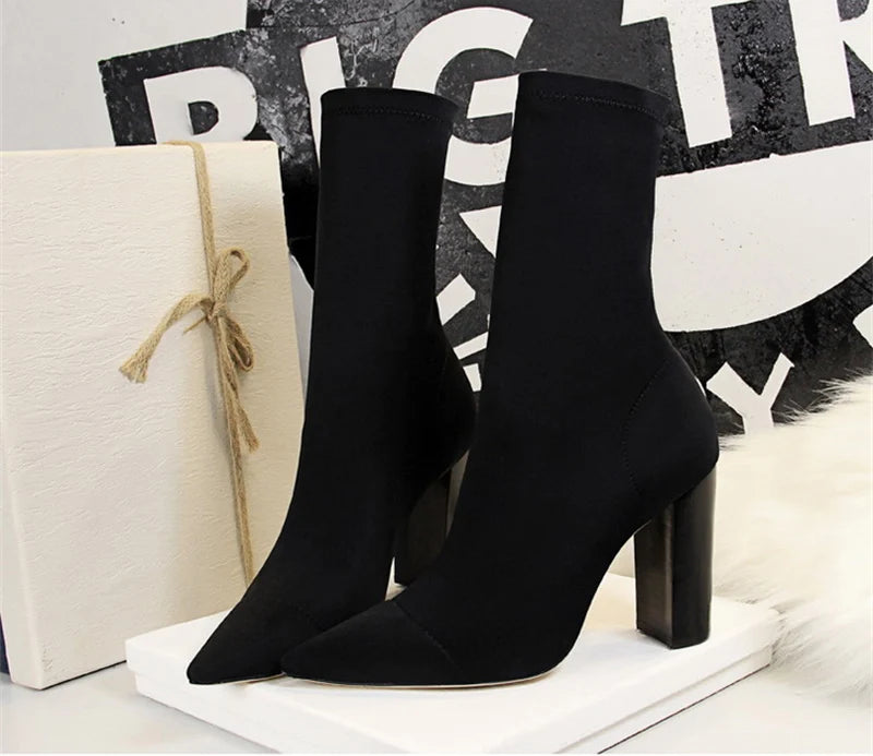 Ankle Boots – Stretch Sock Boot – 8cm Square Heel – Women | KIMLUD