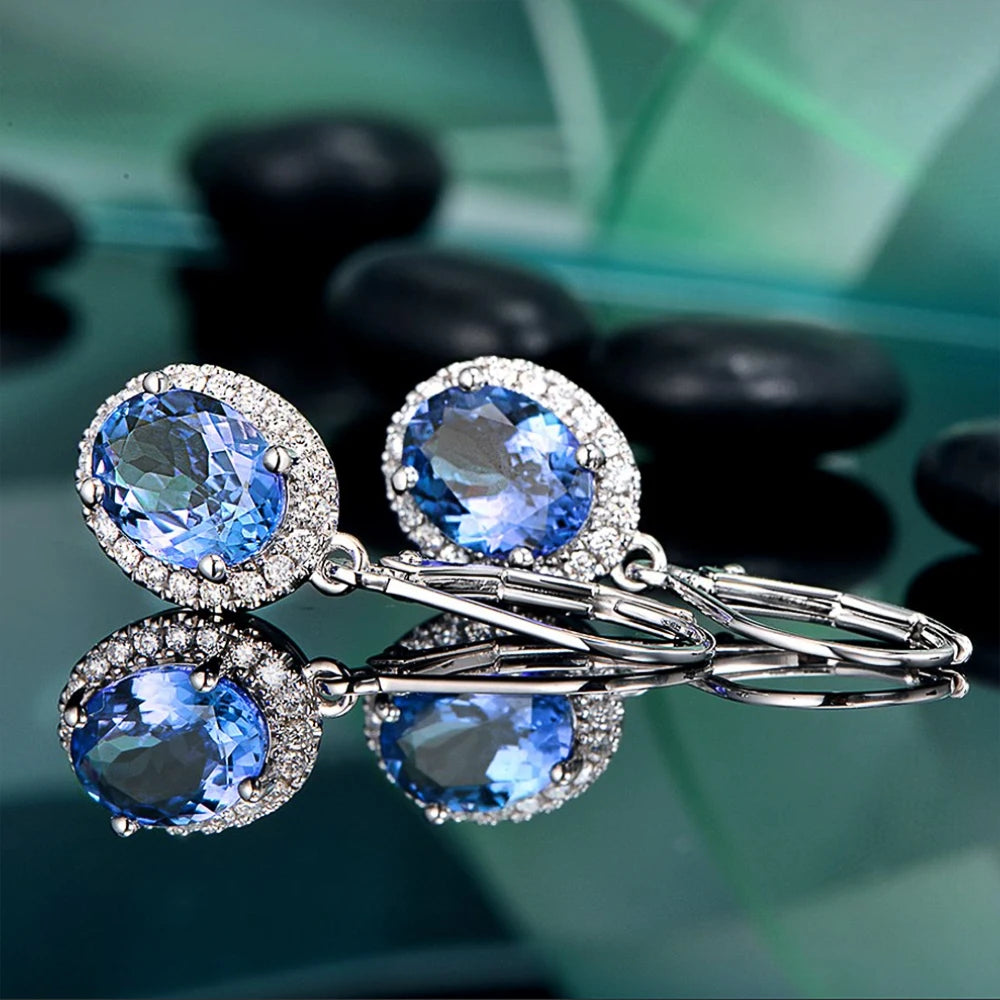 Cubic Zirconia Drop Earrings Oval Halo — Blue | KIMLUD