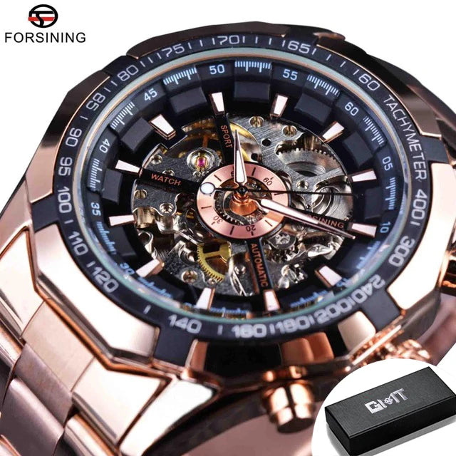 Forsining 2025 Stainless Steel Waterproof Mens Skeleton Watches Top Brand Luxury Transparent Mechanical Sport Male Wrist Watches