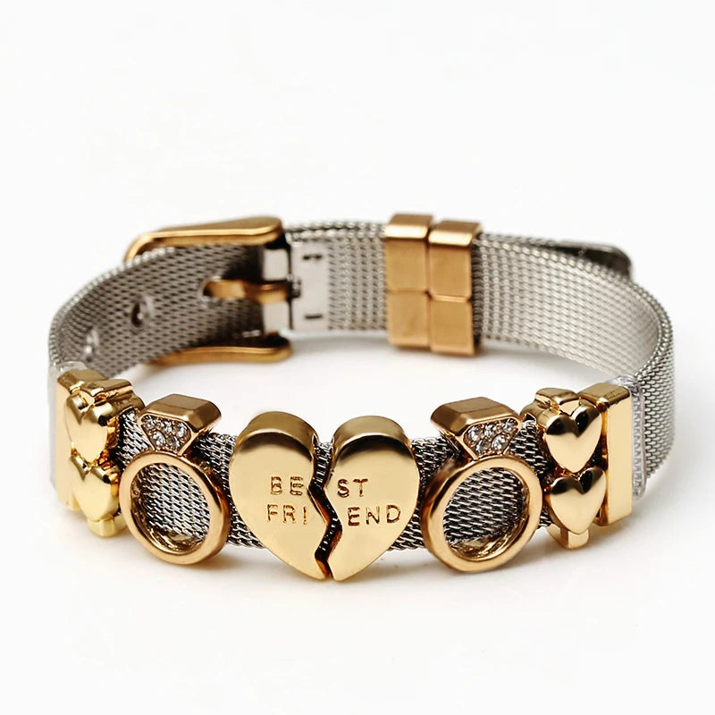 DINGLLY Two-tone Stainless Steel Mesh Bracelets For Women Men Love Heart Beaded 10mm Ribbon Mesh Bracelet & Bangle Gifts