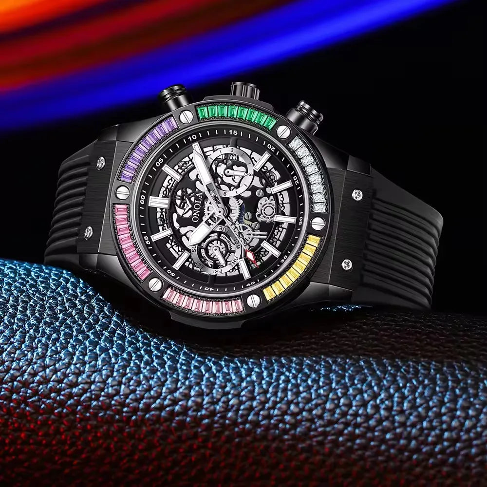 Silicone Luminous Sport Watch Mechanical Movement Chronograph Day Date — Bright Orange | KIMLUD