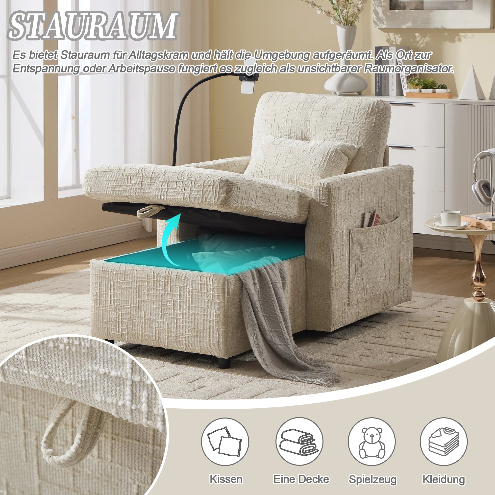 Modern Oversized Chaise Lounge Recliner Sofa with Phone Holder Chenille Fabric Single Sofa for Living Room Furniture