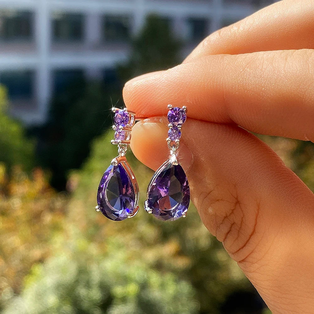 Drop Earrings – Water Drop – Cubic Zirconia White/Purple | KIMLUD