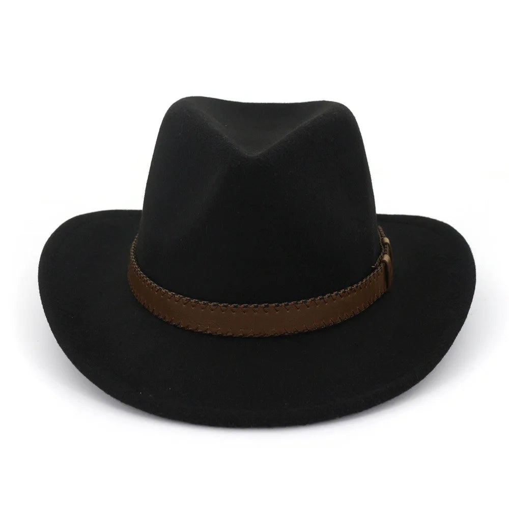 Wool Felt Cowboy Fedora Hat Wide Brim Leather Band — Dark Brown | KIMLUD
